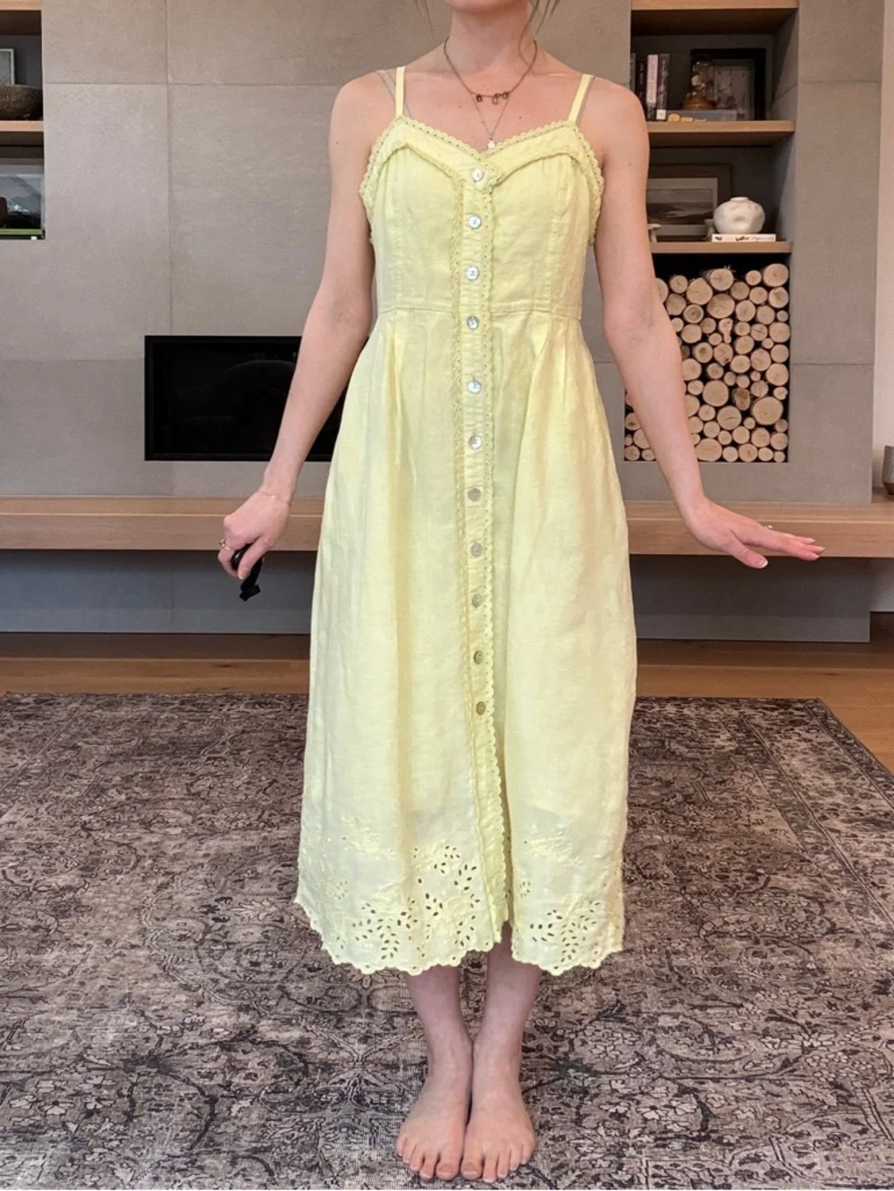 Wilfred 100% linen la boheme Yellow Eyelet Button-Front Midi Dress boho - Picture 3 of 17